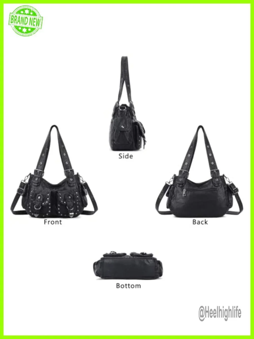 Vegan Leather Hobo Bag Multi Pocket Studded Shoulder Tote Y2K